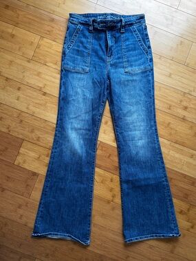 AE Curvy high waisted flare blue jeans